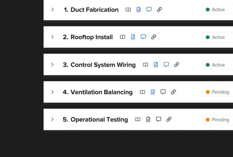 Knowify project planner showing duct fabrication, rooftop installation, wiring, balancing, and testing phases with active and pending status