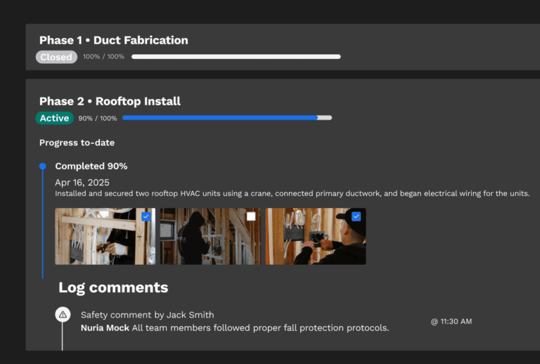 Knowify project log showing phase progress, jobsite photos, a completed-work note, and team comments